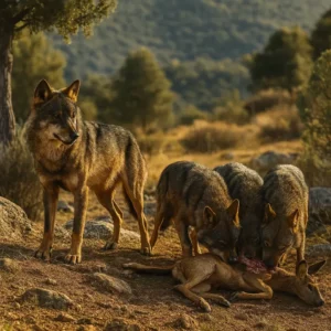 iberian wolf herd feeding